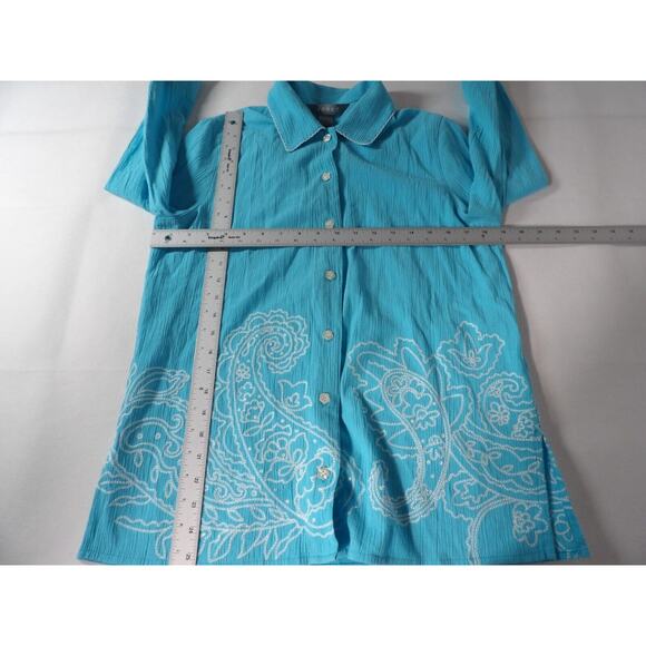 Koret Medium Blouse Top Bright Blue Paisley Button Up Beachy Boho Gauzy Collared - Picture 7 of 12